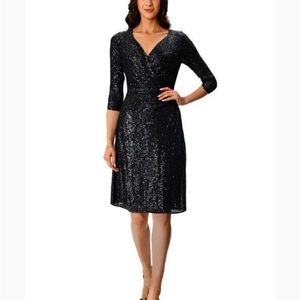 Black Sequin Faux Wrap Dress